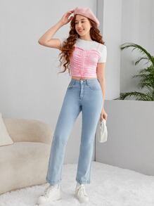 SHEIN 青少年女孩蝴蝶圖案褶邊假兩入組T恤 - 彩色 - 查看 4