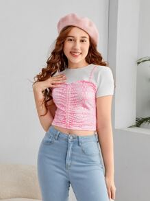 SHEIN 青少年女孩蝴蝶圖案褶邊假兩入組T恤 - 彩色 - 查看 5