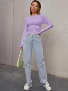 Muchica Ruched Rib Knit Crop Tee - Lilac Purple - View 5