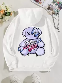 SHEIN EZwear 熊和字母圖案抽繩加絨內裏連帽衫 - 白色 - 查看 1