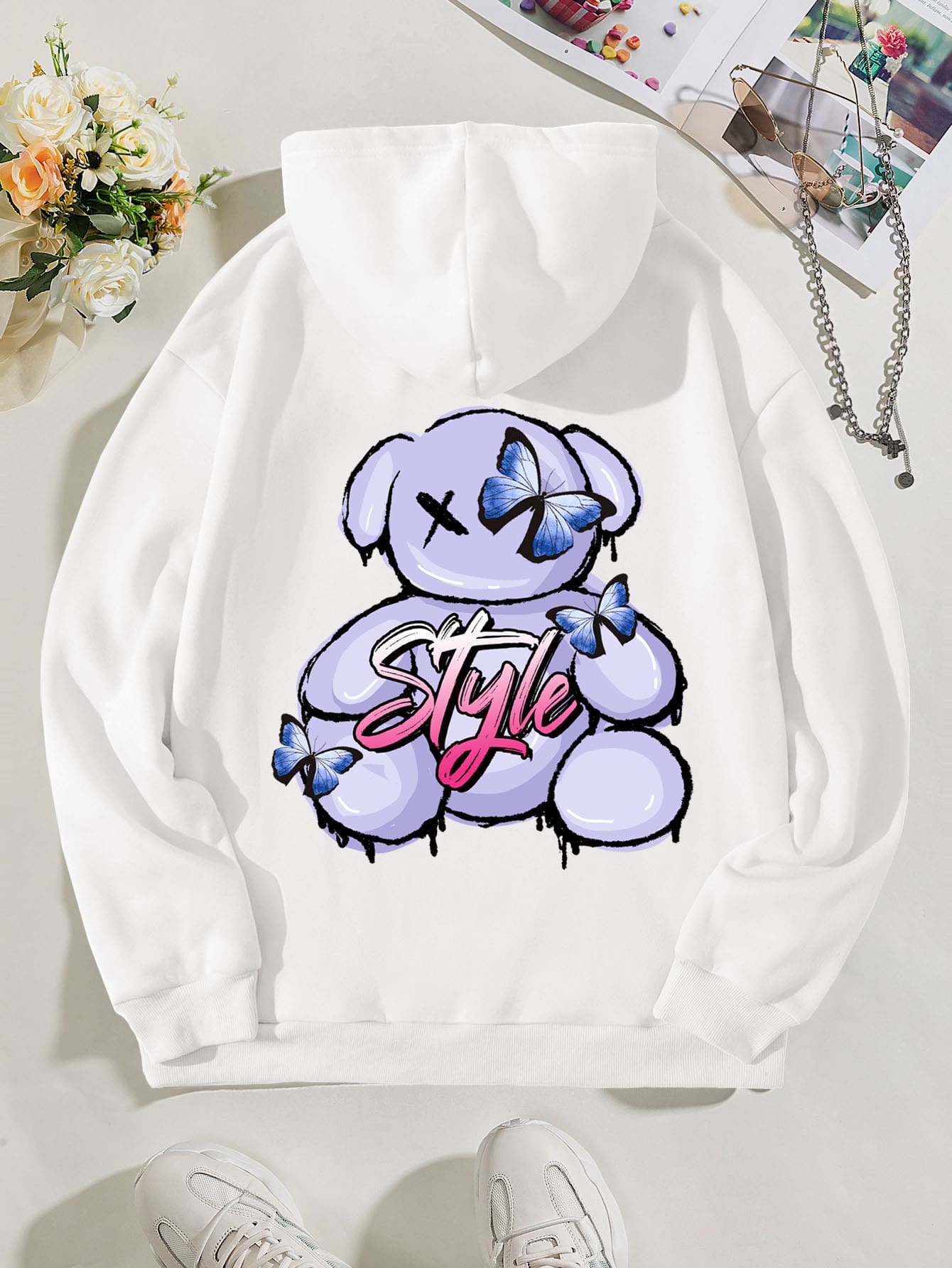 SHEIN EZwear 熊和字母圖案抽繩加絨內裏連帽衫 - 白色 - 查看 1