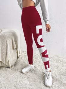 SHEIN EZwear Letter Graphic Elastic Waist Leggings - Burgundy - View 1
