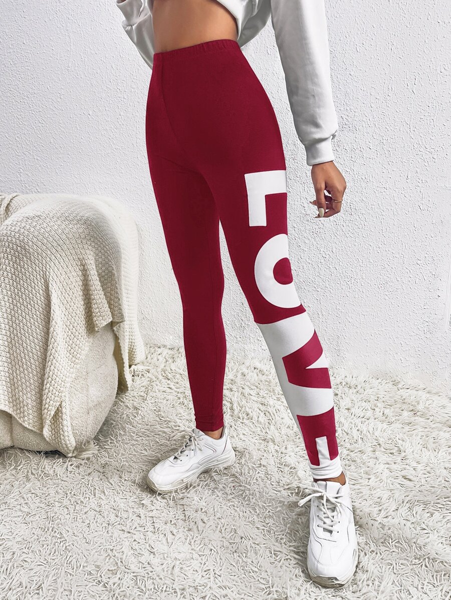 SHEIN EZwear Letter Graphic Elastic Waist Leggings - Burgundy - View 1