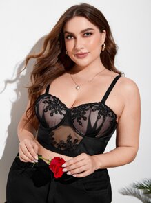 Plus Floral Embroidery Mesh Underwire Bra - Black - View 1