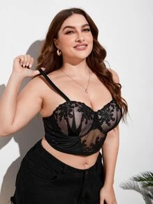 Plus Floral Embroidery Mesh Underwire Bra - Black - View 3
