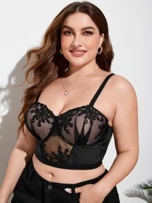 Plus Floral Embroidery Mesh Underwire Bra - Black - View 4