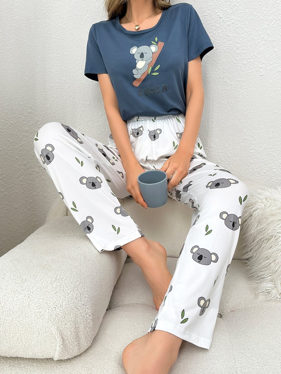 Cartoon Graphic Tee & Trousers PJ Set - Blue and White - View 1