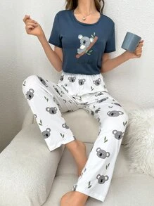 Cartoon Graphic Tee & Trousers PJ Set - Blue and White - View 3