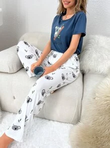 Cartoon Graphic Tee & Trousers PJ Set - Blue and White - View 5