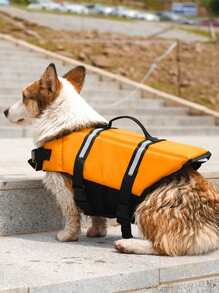 1pc Reflective Detail Release Buckle Decor Pet Life Jacket, Safety Clothes Swimwear - Orange - View 1