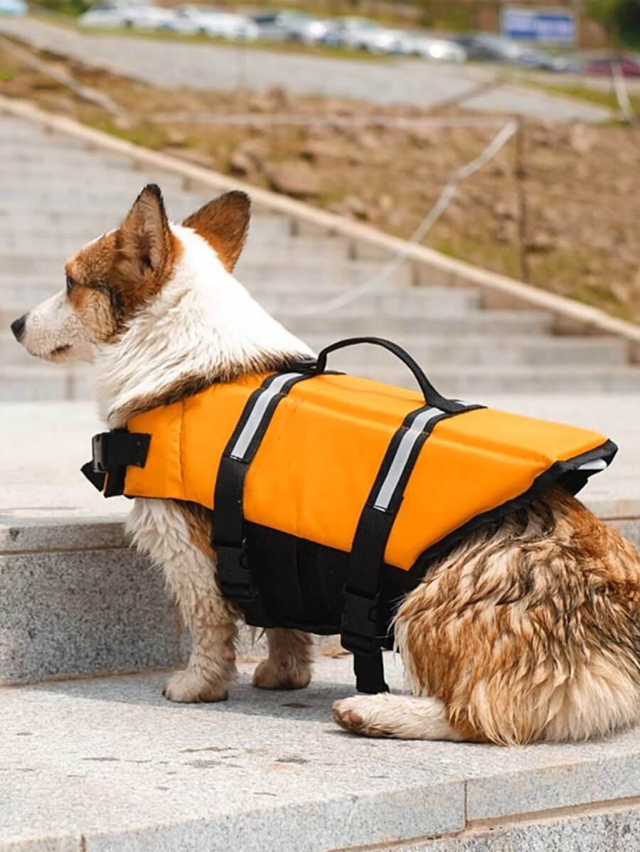 1pc Reflective Detail Release Buckle Decor Pet Life Jacket, Safety Clothes Swimwear - Orange - View 1
