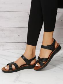 Women Studded Decor Hook-and-loop Fastener Sandals, Elegant Black Ankle Strap Wedge Sandals - Black - View 1