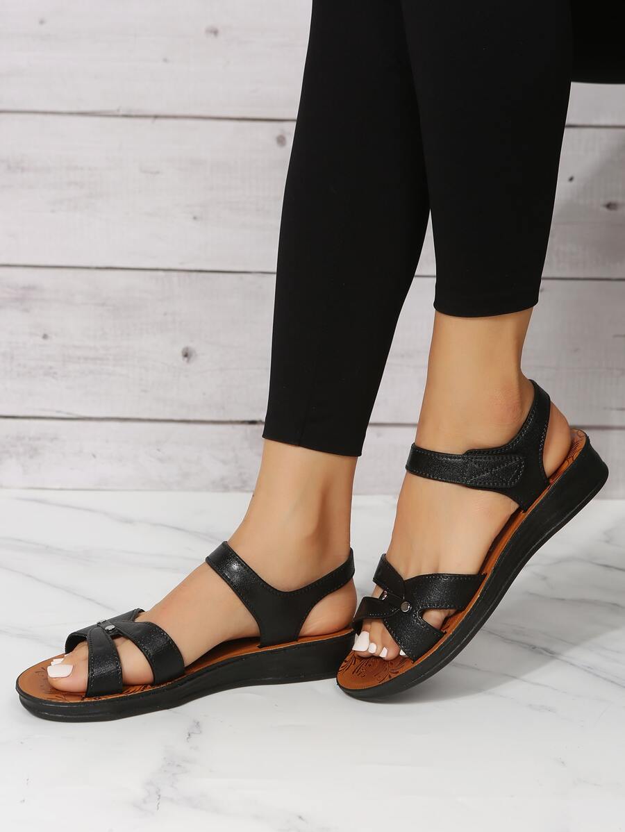 Women Studded Decor Hook-and-loop Fastener Sandals, Elegant Black Ankle Strap Wedge Sandals - Black - View 1