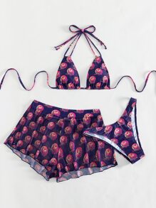 熱帶印花三角領露背泳裝套裝，附海灘裙 - 彩色 - 查看 4