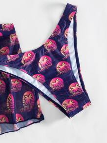 熱帶印花三角領露背泳裝套裝，附海灘裙 - 彩色 - 查看 5