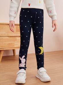 Toddler Girls Star & Rabbit Print Leggings - Navy Blue - View 1