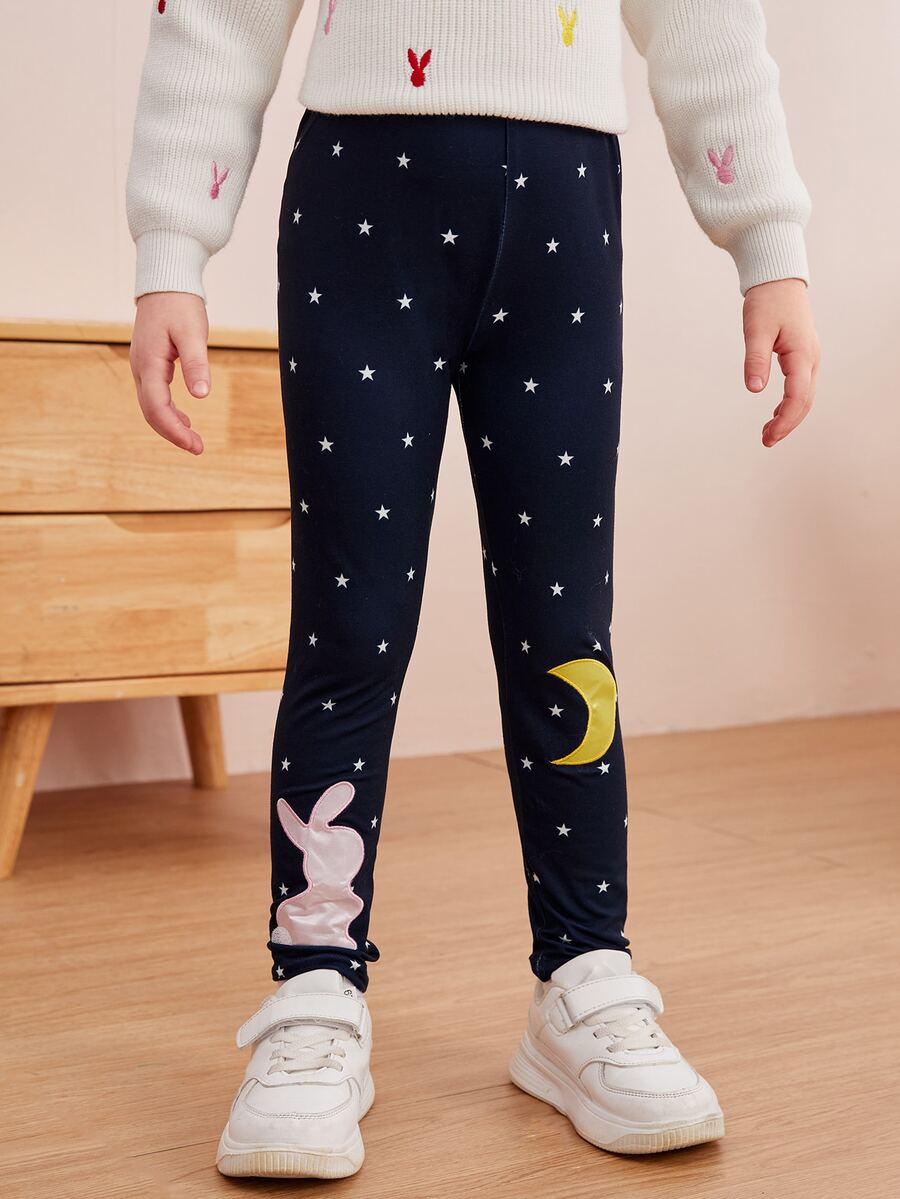 Toddler Girls Star & Rabbit Print Leggings - Navy Blue - View 1