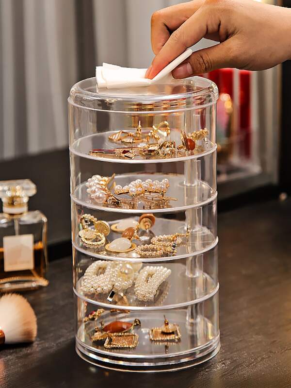 1pc Rotatable Multilayer Jewelry Storage Box, Simple Clear PS Spiral