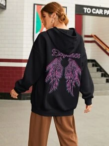 SHEIN EZwear Wings Print Drop Shoulder Drawstring Oversized Hoodie - Black - View 2