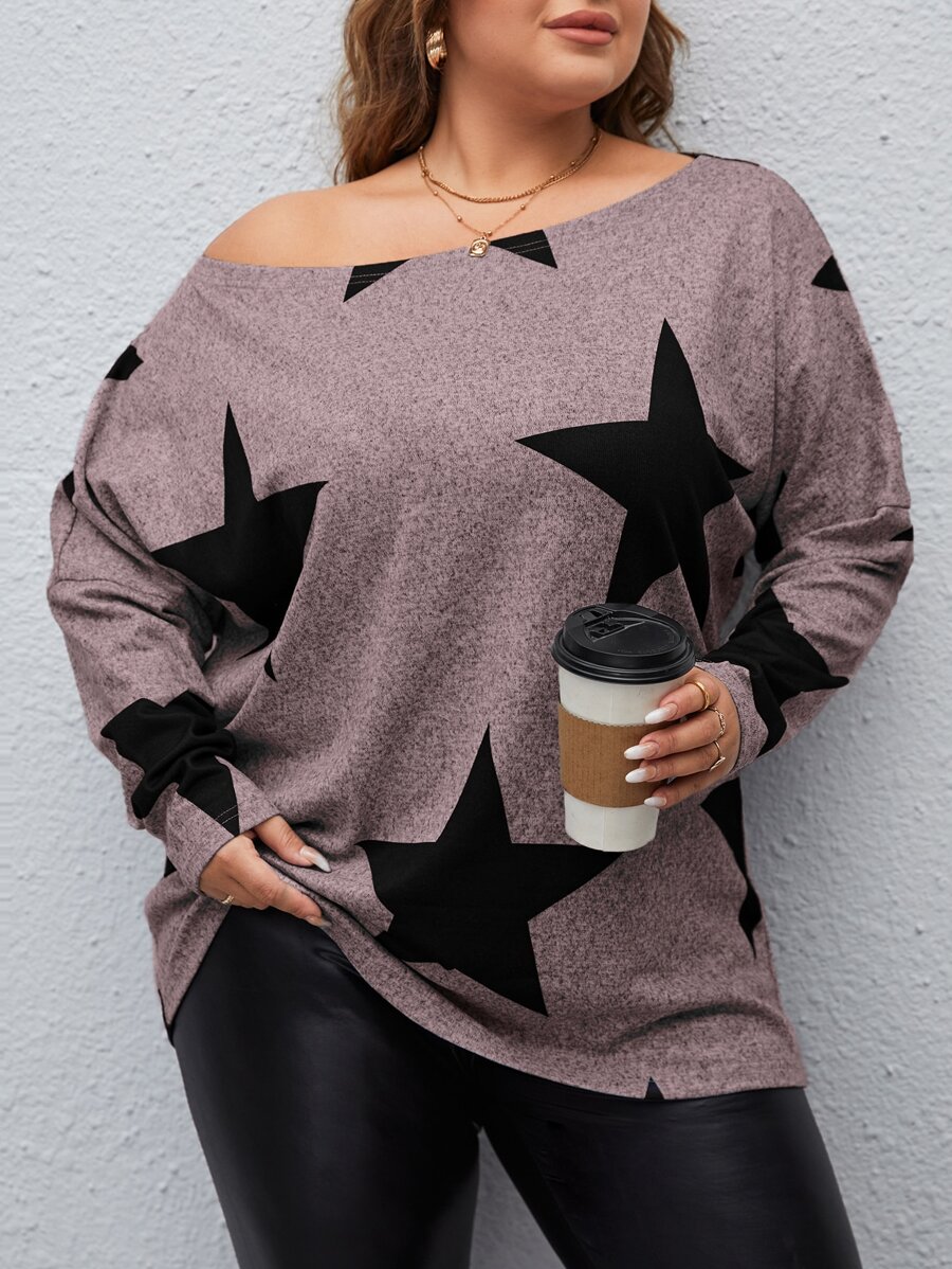 SHEIN LUNE 大碼星星印花落肩T恤 - 淺灰紫 - 查看 1