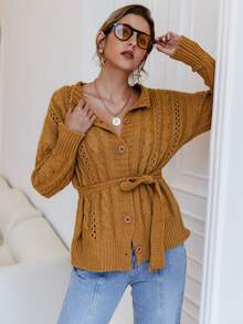 Sollinarry Cable Knit Belted Cardigan - Ginger - View 5