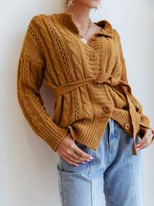 Sollinarry Cable Knit Belted Cardigan - Ginger - View 6