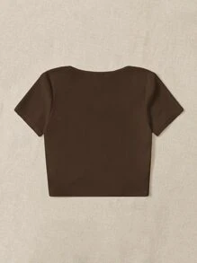 SHEIN EZwear 按鈕褶邊半開門襟短款T恤 - 咖啡棕 - 查看 2