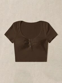 SHEIN EZwear 按鈕褶邊半開門襟短款T恤 - 咖啡棕 - 查看 3