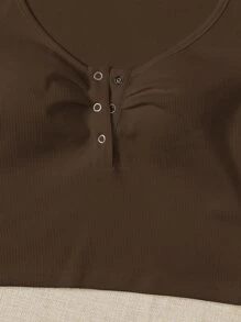 SHEIN EZwear 按鈕褶邊半開門襟短款T恤 - 咖啡棕 - 查看 5