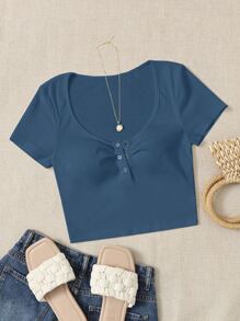 SHEIN EZwear Camiseta botón tapeta media - Neblina azul - Ver 1