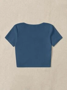 SHEIN EZwear Camiseta botón tapeta media - Neblina azul - Ver 2