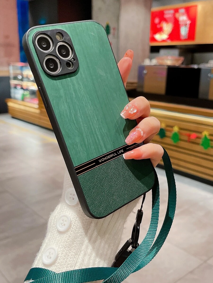 Wood Pattern Phone Case With Lanyard - Dark Green - View 1