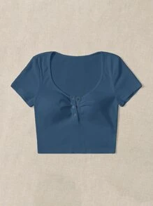 SHEIN EZwear Camiseta botón tapeta media - Neblina azul - Ver 3