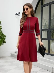 Đầm Dây kéo Ruy băng Khối Màu Thanh lịch - Màu Đỏ Sâu - Xem 1