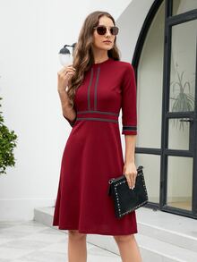 Đầm Dây kéo Ruy băng Khối Màu Thanh lịch - Màu Đỏ Sâu - Xem 3