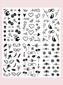 Tattoo Sticker Kits,6 Sheets Wing & Heart Pattern Temporary Tattoos For Women,Tattoo Stickers Adults,Realistic Tattoo Heart ,Wing ,For Women and Girls - Black - View 1