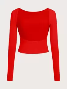 SHEIN BAE Boat Neck Backless Crop Tee - Red - View 2