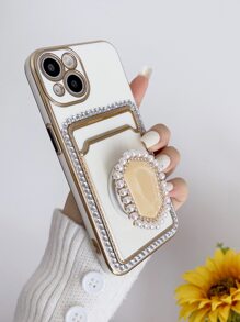 水鑽裝飾插卡槽手機殼附手機氣囊支架 - 米色 - 查看 1