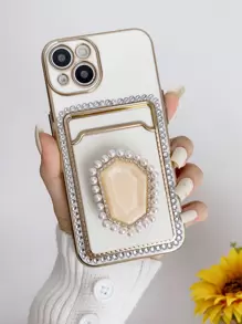 水鑽裝飾插卡槽手機殼附手機氣囊支架 - 米色 - 查看 2