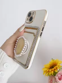 水鑽裝飾插卡槽手機殼附手機氣囊支架 - 米色 - 查看 3
