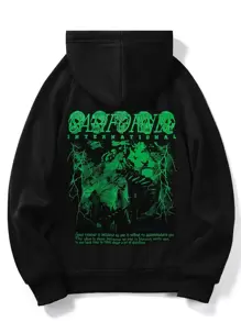 ROMWE MEN Goth Men Slogan & Skull Graphic Drawstring Thermal Hoodie - Black - View 1