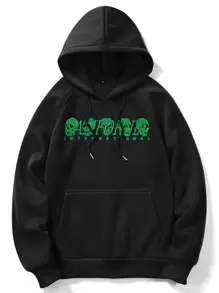 ROMWE MEN Goth Men Slogan & Skull Graphic Drawstring Thermal Hoodie - Black - View 2