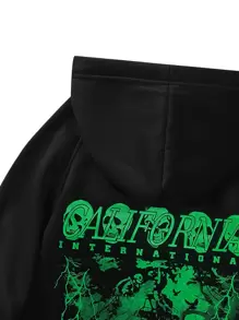 ROMWE MEN Goth Men Slogan & Skull Graphic Drawstring Thermal Hoodie - Black - View 3