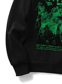 ROMWE MEN Goth Men Slogan & Skull Graphic Drawstring Thermal Hoodie - Black - View 5