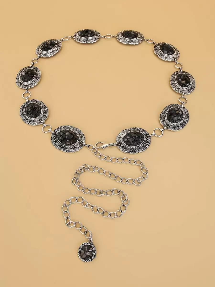 Western Boho Cowgirl Oval Decor Chain Belt For Coats And Dresses Halloween Summer, School Fall, Autumn, Halloween - Silver - View 1