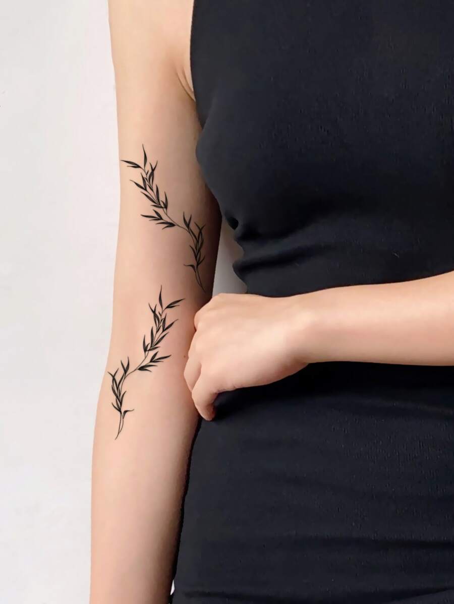 1張葉子圖案紋身貼紙 - 黑色 - 查看 1