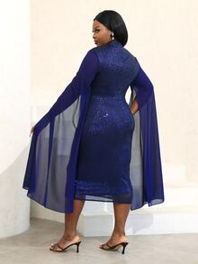 Vestido ajustado de cuello con abertura de ojo de manga con abertura con lentejuelas - Azul Marino - Ver 2