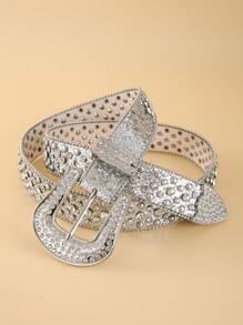 水鑽裝飾皮帶 - 銀色 - 查看 2