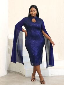 Vestido ajustado de cuello con abertura de ojo de manga con abertura con lentejuelas - Azul Marino - Ver 5