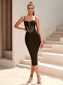 Contrast Tape Bustier Backless Bodycon Bandage Cocktail Party Cami Dress - Black - View 1